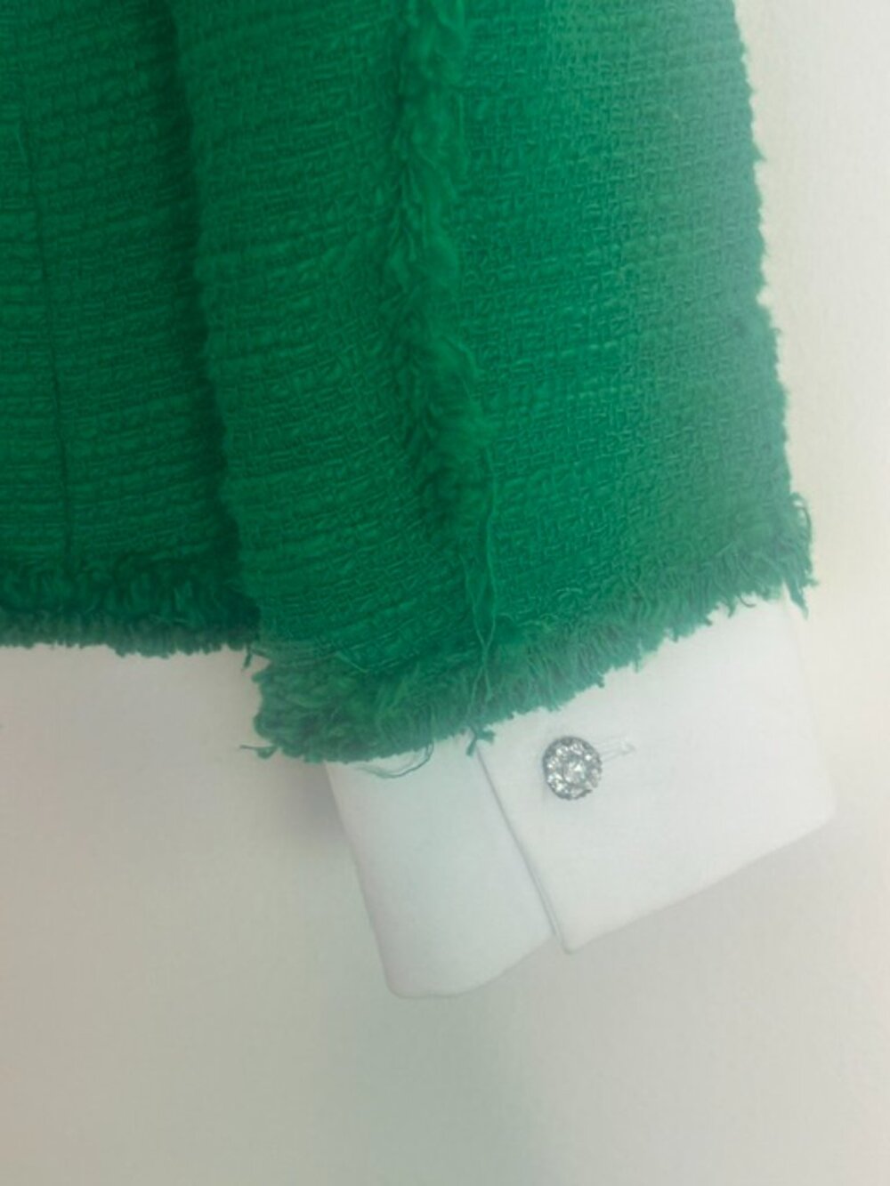 Zara Lush Green Tweed Jeweled Rhinestone Buttons Raw Fringe Trim Lined Jacket - Picture 11 of 16